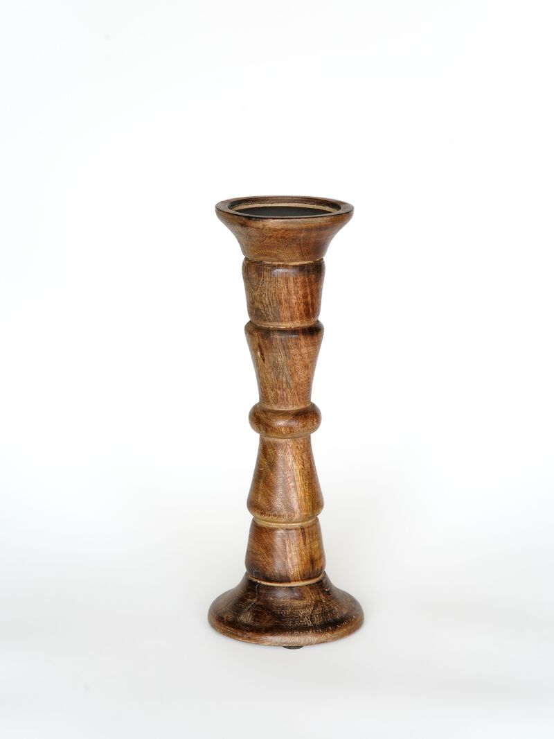 Traditional Medium Burnt Eco-friendly Handmade Mango Wood Set Of One 12" Pillar Candle Holder
