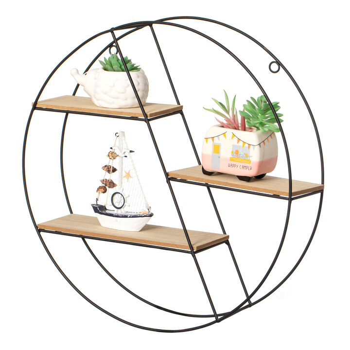 Vintiquewise Elegant 3-Tier Decorative Floating Circular Silhouette Wall Shelf - Circular Metal and Wood Wall-Mounted Shelf for Entryway, Bathroom, Bedroom, and Living Room Decor, Black Finish