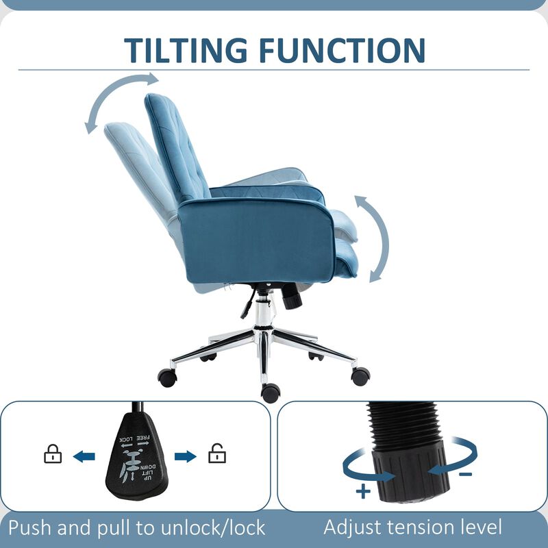 Blue Task Chair: Modern Mid-Back Tufted Linen Fabric Office Chair