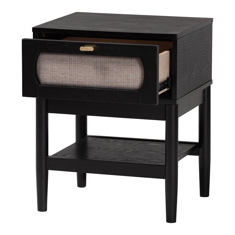 Baxton Studio Shirin Mid Century Beige Fabric and Black Wood 1 Drawer Nightstand