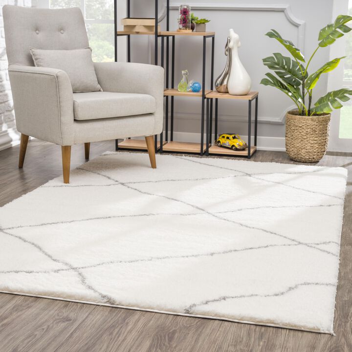 Retro Contemporary Boho Shag White Grey Indoor Area Rug