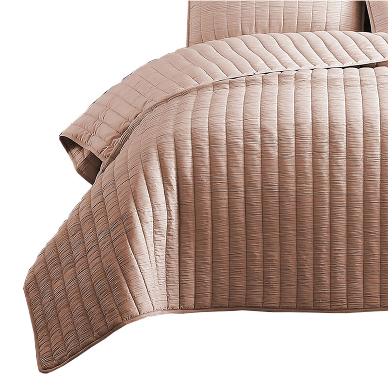 3 Piece Crinkles Queen Size Coverlet Set with Vertical Stitching, Pink-Benzara