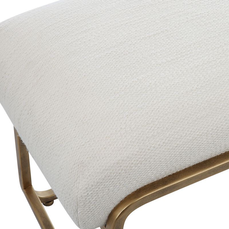47 Inch Accent Stool, Cushioned, Antique Brushed Brass Frame, Off White - Benzara