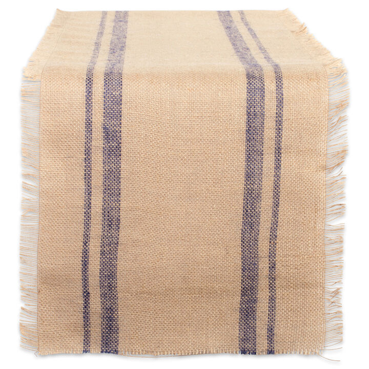 14" x 108" Brown and French Blue Double Border Burlap Table Runner