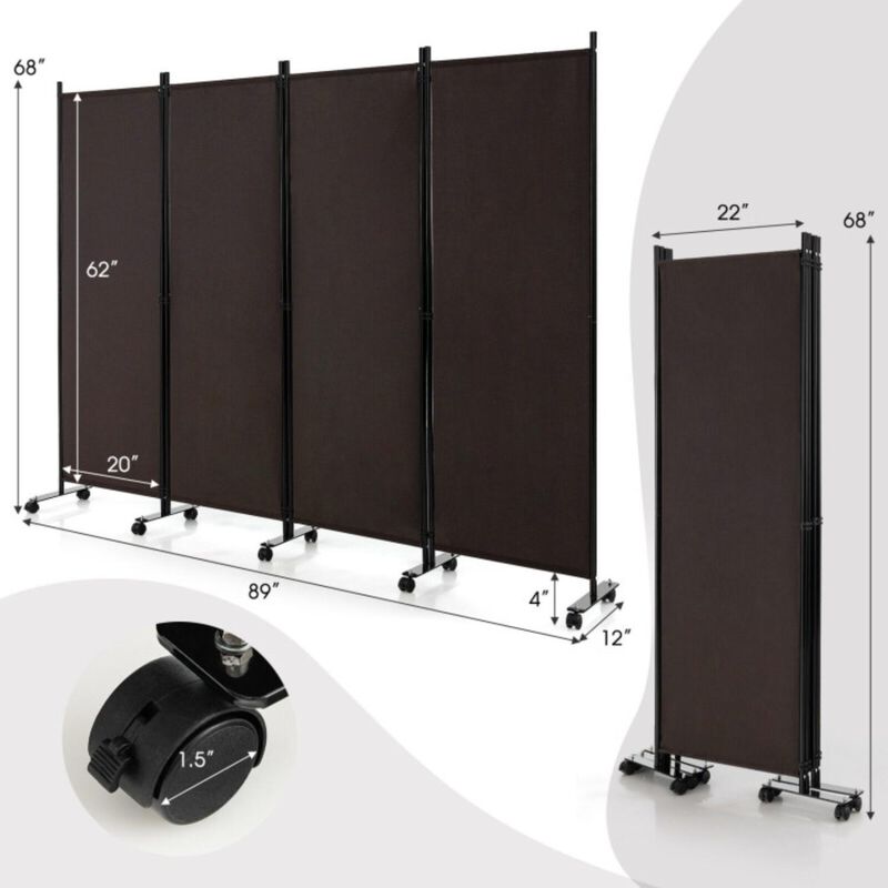 Hivvago 4-Panel Folding Room Divider 6 Feet Rolling Privacy Screen with Lockable Wheels