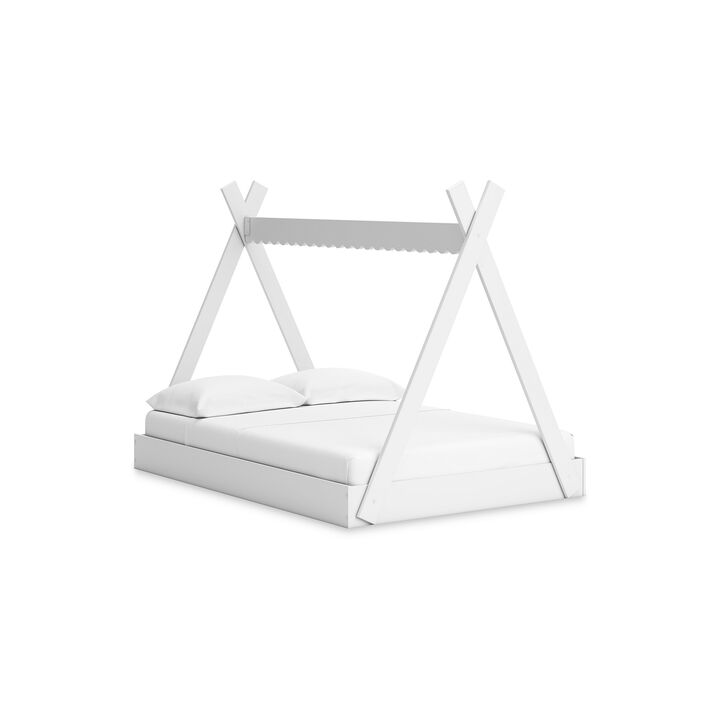 Kally Full Size Floor Bed, Tent Style Design, Matte White Wood - Benzara
