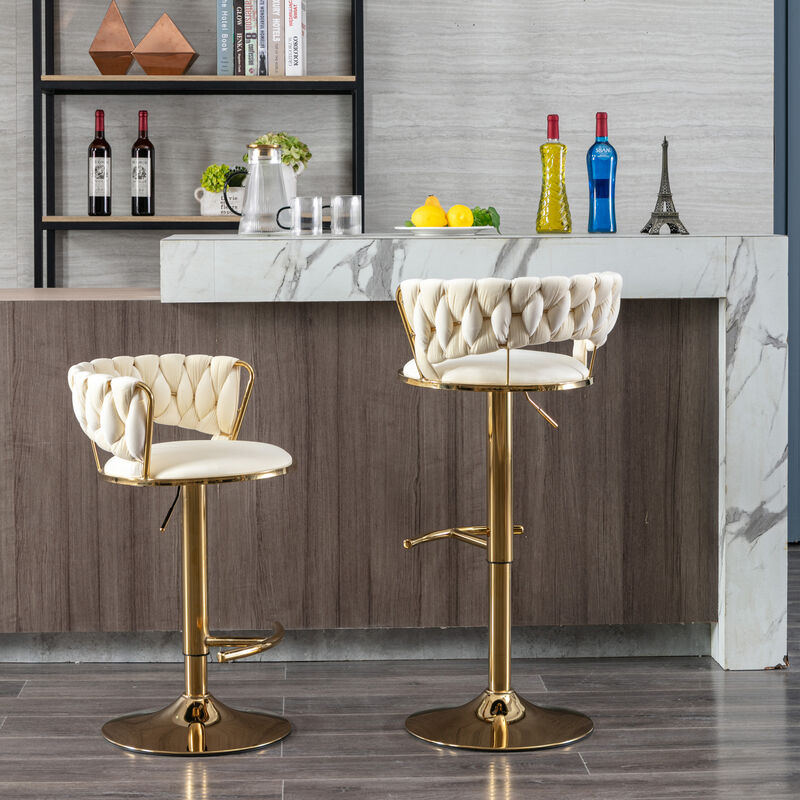 Set of 2 Bar Stools, with Chrome Footrest and Base Swivel Height Adjustable Mechanical Lifting Velvet + Golden Leg Simple Bar Stool-Cream