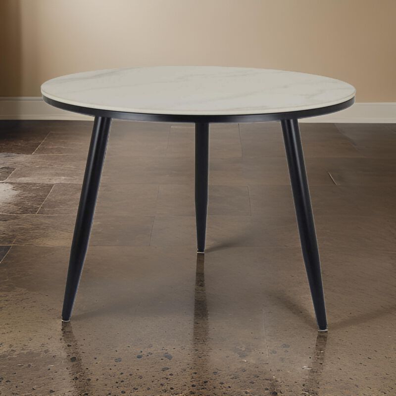 Tavi 24 Inch Plant Stand Side Table, Round White Marble Top, Black Metal - Benzara