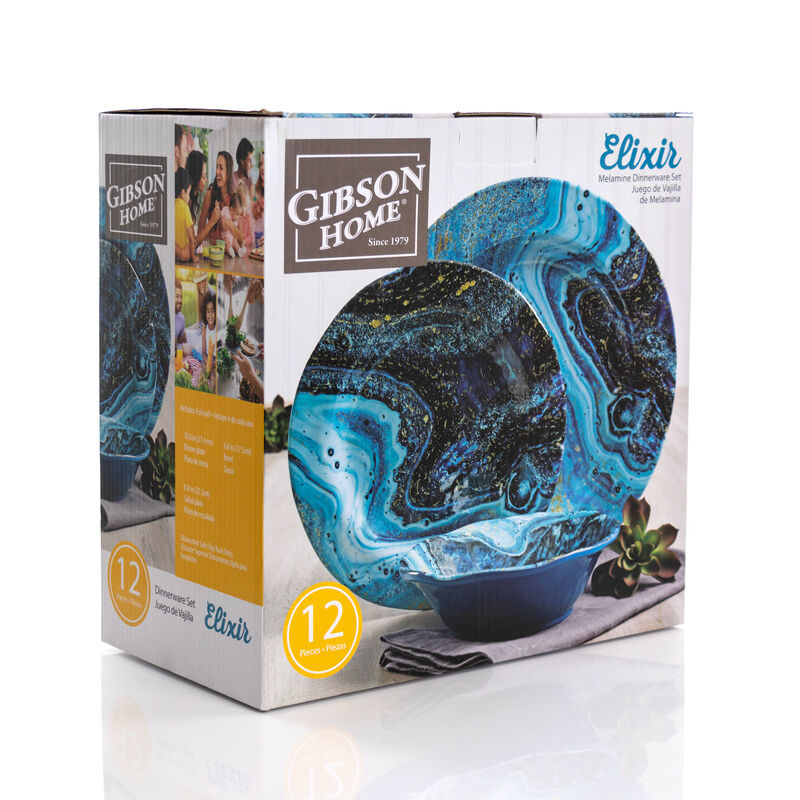 Gibson Home Elixir 12 Piece Melamine Dinnerware Set in Blue