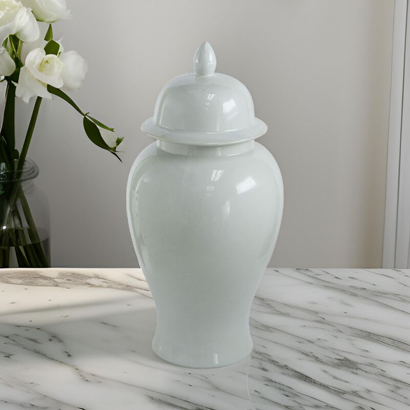 Deva 20 Inch Medium Porcelain Ginger Jar, Classic White Glossy Finish-Benzara