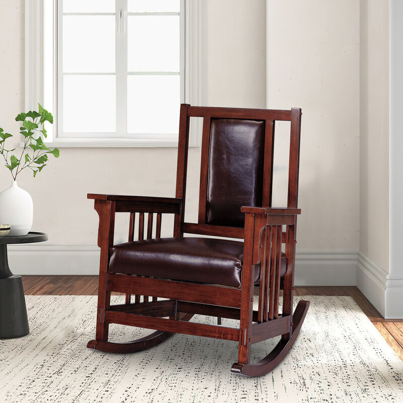 Mission Style Rocking Chair, Leather Upholstered Seat & Back, Tobacco and Dark Brown-Benzara