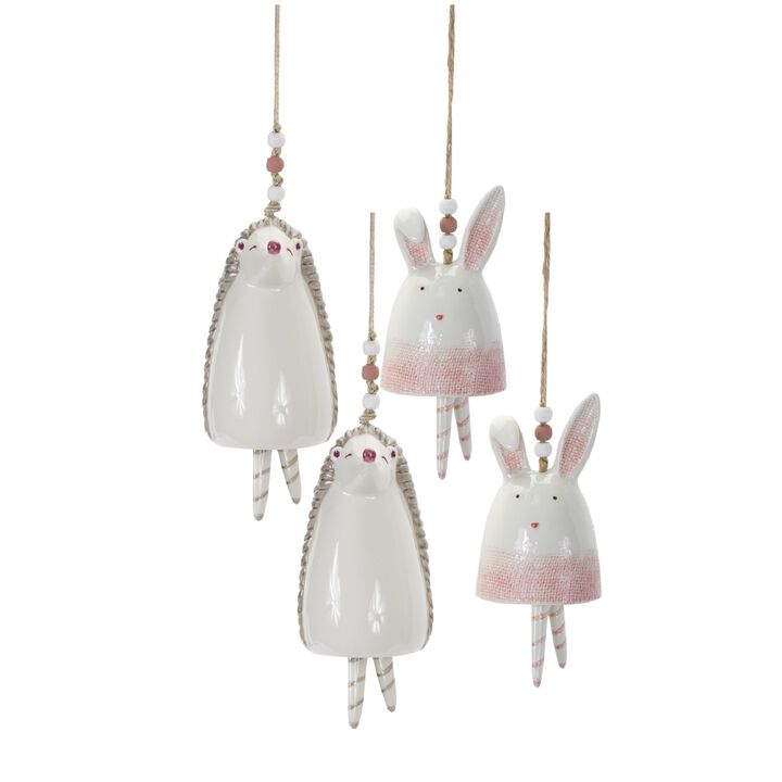 Set of 4 Stoneware Bunny and Hedgehog Bells for Seasonal Decorations