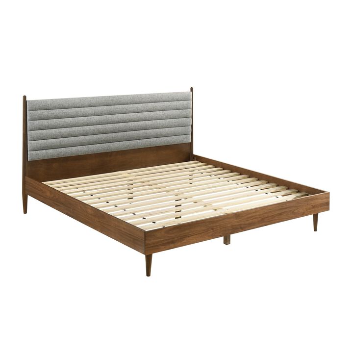 Benjara Mian King Platform Bed Frame, Channel Tufted, Walnut, Upholstery, Brown and Gray
