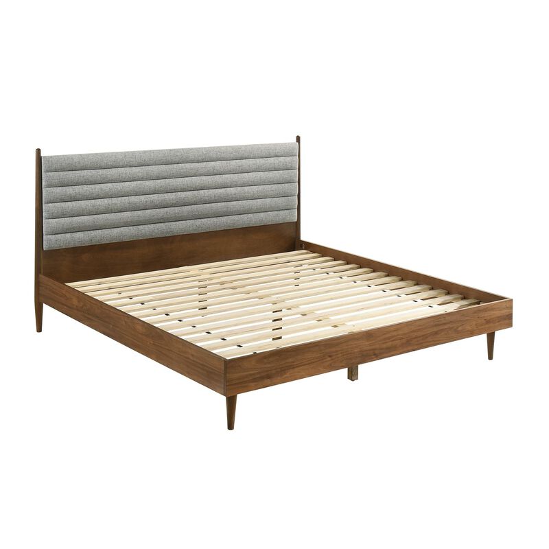 Benjara Mian King Platform Bed Frame, Channel Tufted, Walnut, Upholstery, Brown and Gray