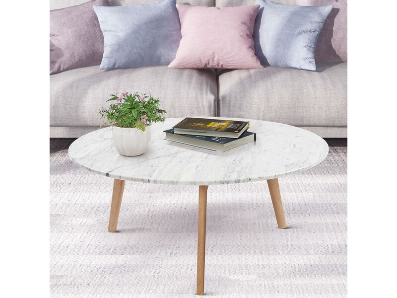 Stella 31" Round Italian Carrara White Marble Coffee Table with Legs
