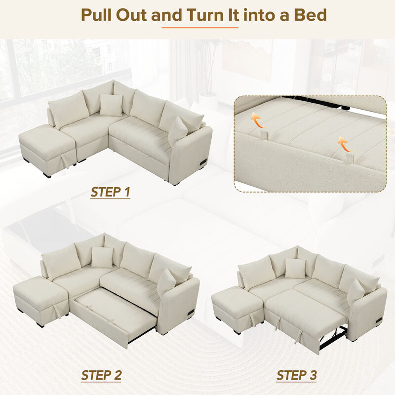 Merax L-shaped Sectional Pull Out Sofa Bed Sleeper Sofa with 2 USB Ports