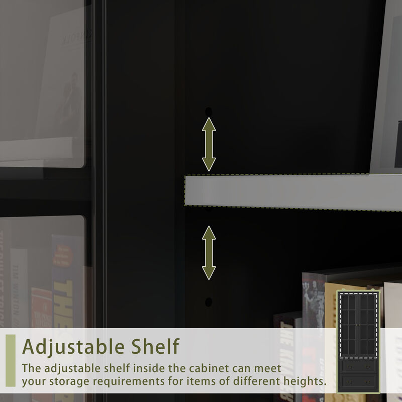 Black Wooden 31.5 in. W Buffet Pantry Cabinet Kitchen Cabinet with Adjustable Shelves and Tempered Glass Doors, Drawers