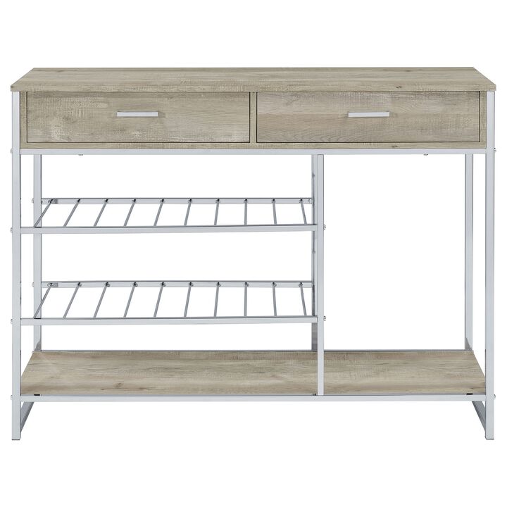Mel 48 Inch Wine Rack Bar Sideboard, 2 Drawers, Shelves, Gray, Chrome Metal - Benzara