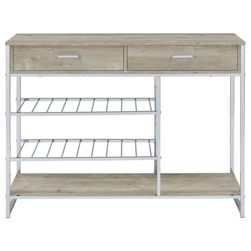 Mel 48 Inch Wine Rack Bar Sideboard, 2 Drawers, Shelves, Gray, Chrome Metal - Benzara