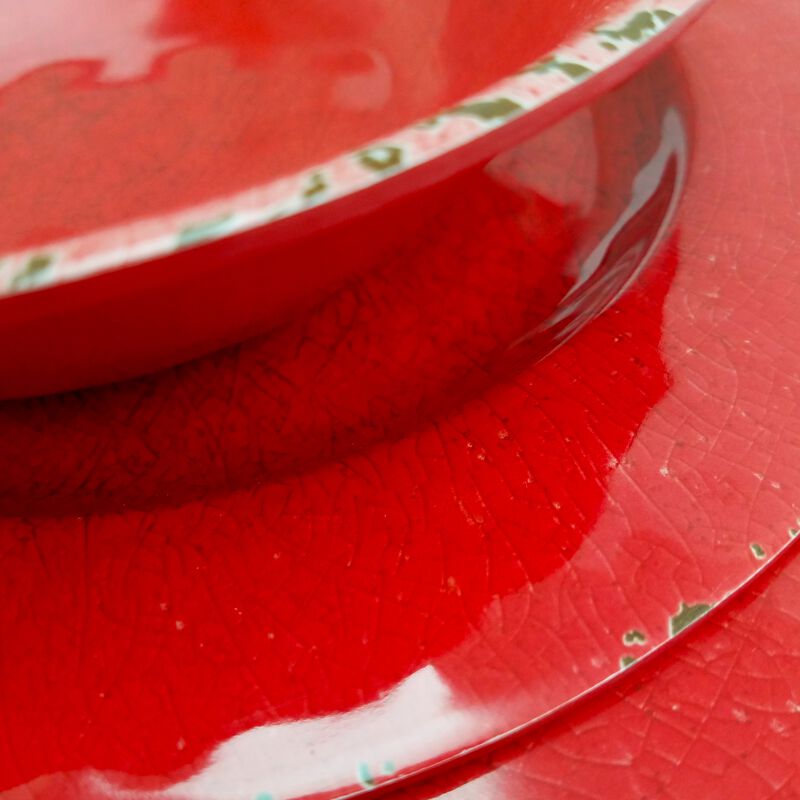 Studio California Mauna 12 Piece Melamine Dinnerware Set in Red Crackle Look Decal