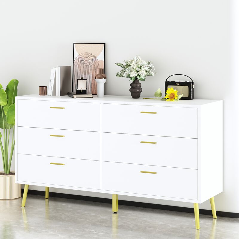 6-Drawers White Wood Chest of Drawer Accent Storage Cabinet Organizer With Metal Leg 54.1 in. W x 15.6 in. D
