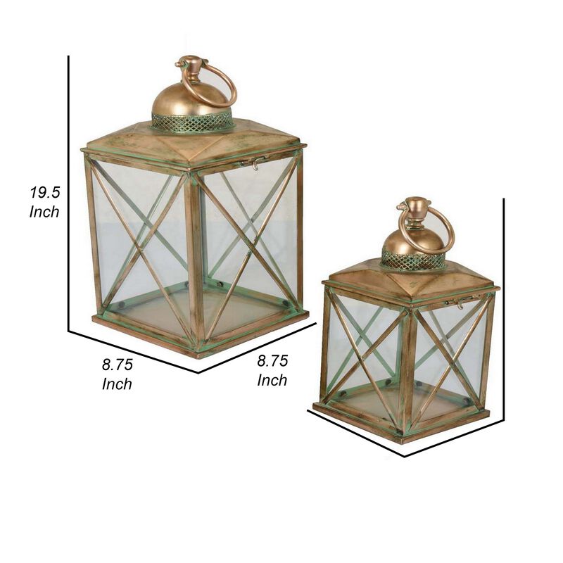 20 Inch Decorative Lantern Set of 2, Glass Panel, Cross Metal Frame, Gold - Benzara