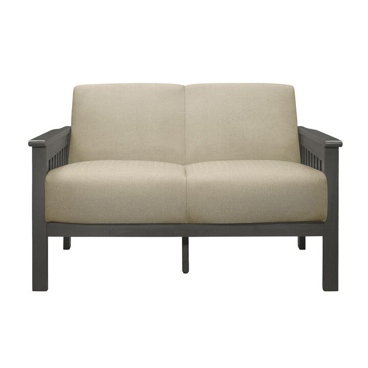 Wiston 50 Inch Loveseat, Beige Polyester, Dark Gray Solid Rubberwood - Benzara
