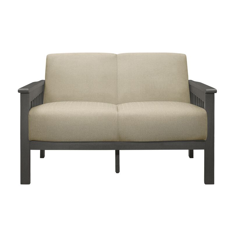 Wiston 50 Inch Loveseat, Beige Polyester, Dark Gray Solid Rubberwood - Benzara