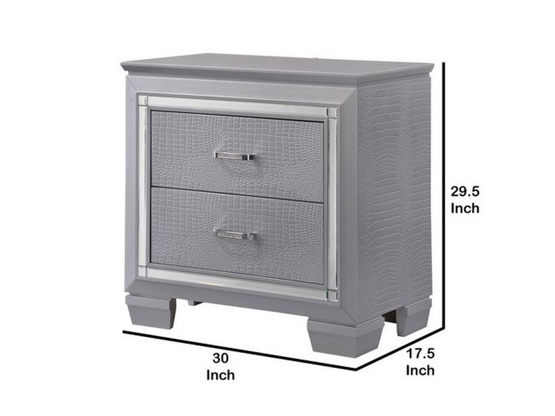 Two Drawer Wooden Nightstand with Textured Details and Mirror Accents, Gray-Benzara
