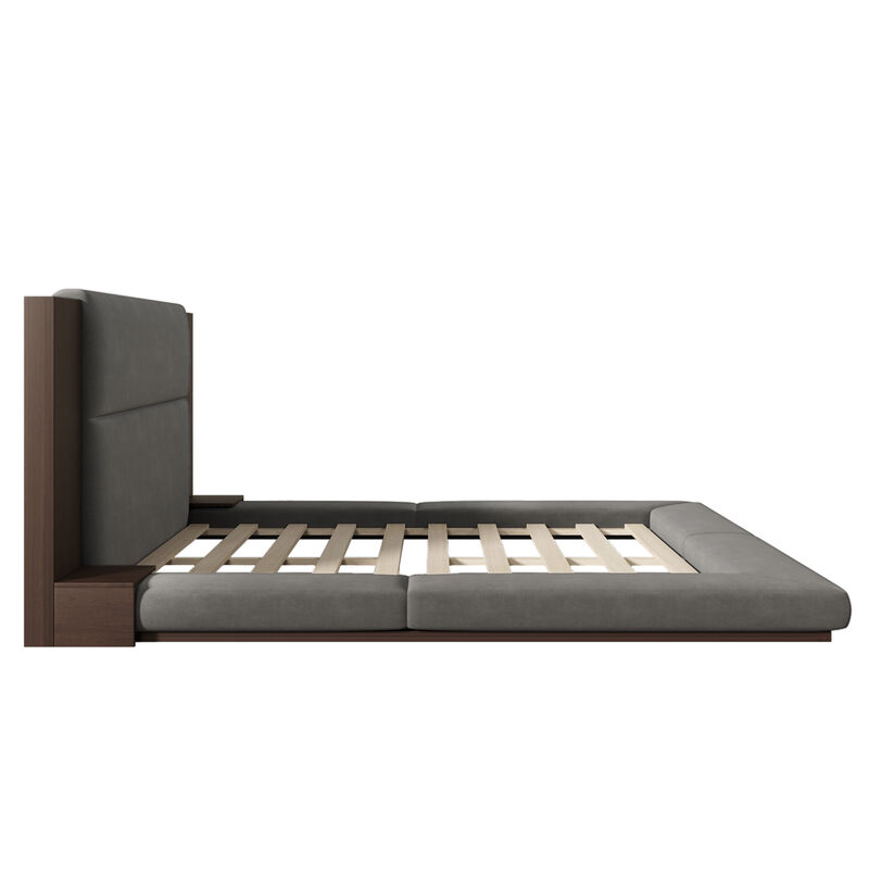 Merax Floor Upholstered Platform Bed with Extended Headboard