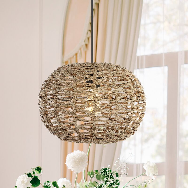 Isla 1-Light Farmhouse Coastal Rattan 180" Cord Plug-In or Hardwired LED Pendant