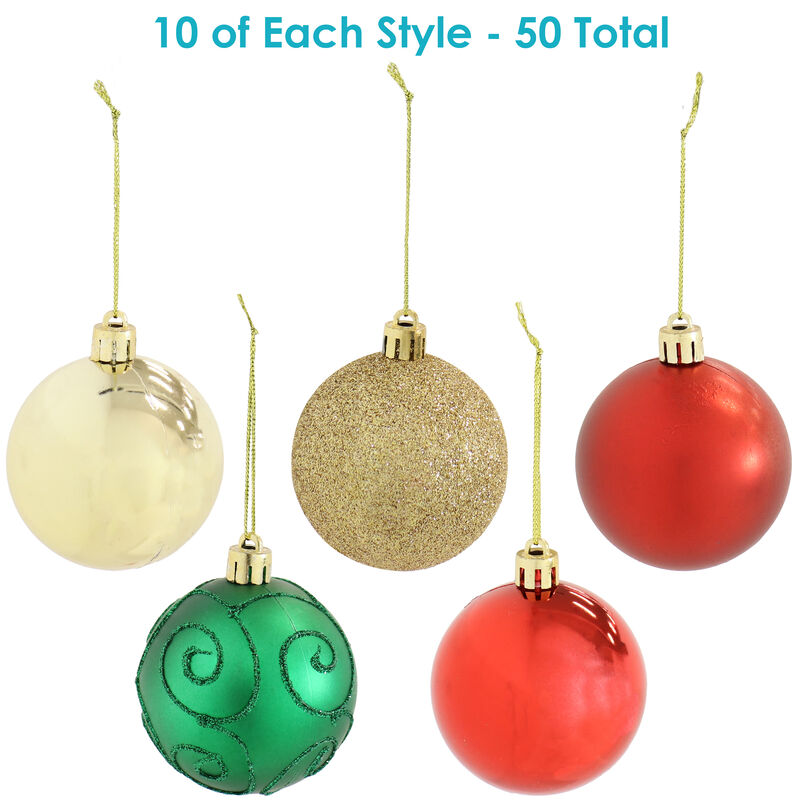 Sunnydaze Holly Jolly 50-Piece Assorted Christmas Ornament Set - 2.25 in