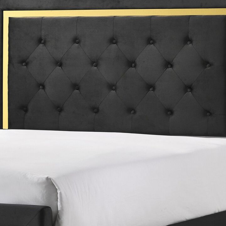 Robin Full Size Bed, Platform Base, Gold, Button Tufted Black Upholstery - Benzara