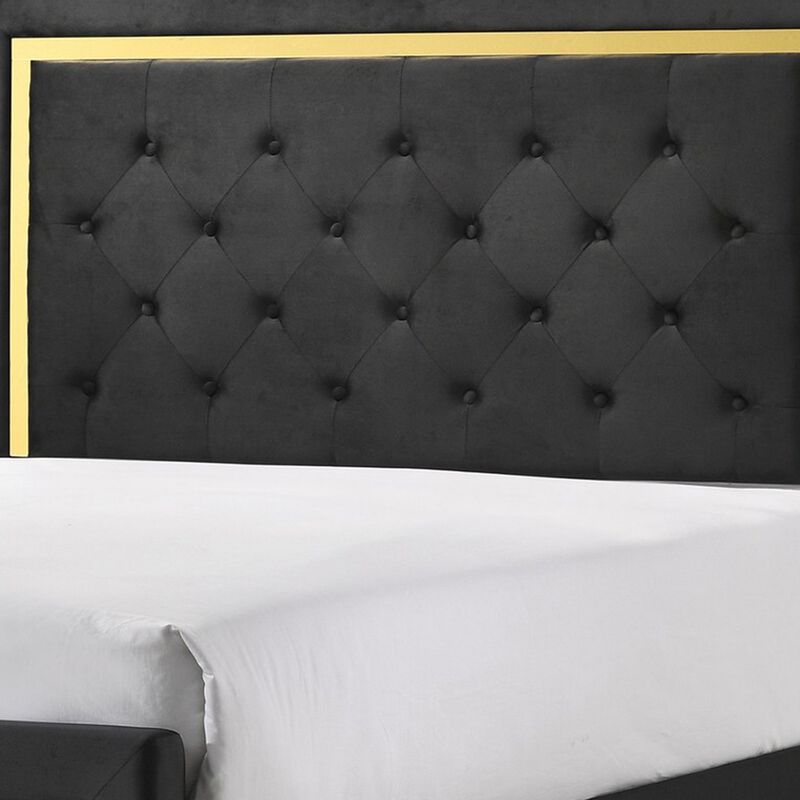 Robin Full Size Bed, Platform Base, Gold, Button Tufted Black Upholstery - Benzara