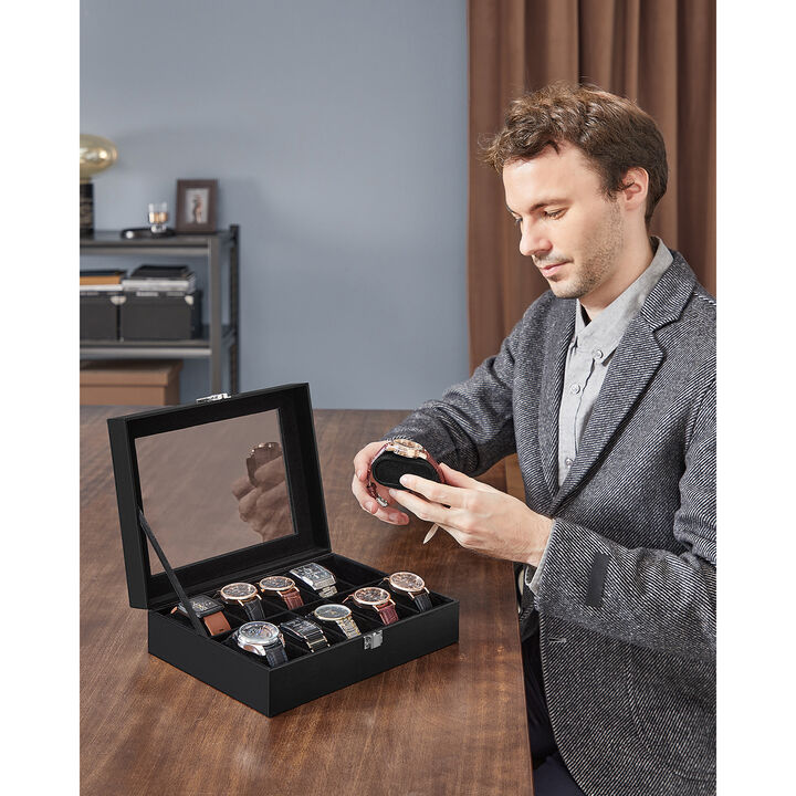 10-Slot Box with Glass Lid Jewelry Holder Case with Removable Pillow