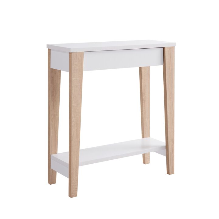 34 Inch Console Table with Drawer and Shelf, Tapered Legs, White, Brown-Benzara