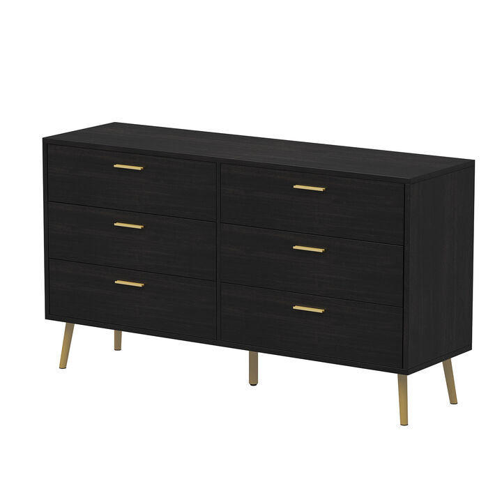 54” 6 Drawer Dresser, Modern 6-Drawer Chest with Gold Metal Handles, Bedroom Dresser with Gold Metal Legs, for Living Room Entryway (54”W x 15.7”D x 30.1”H)
