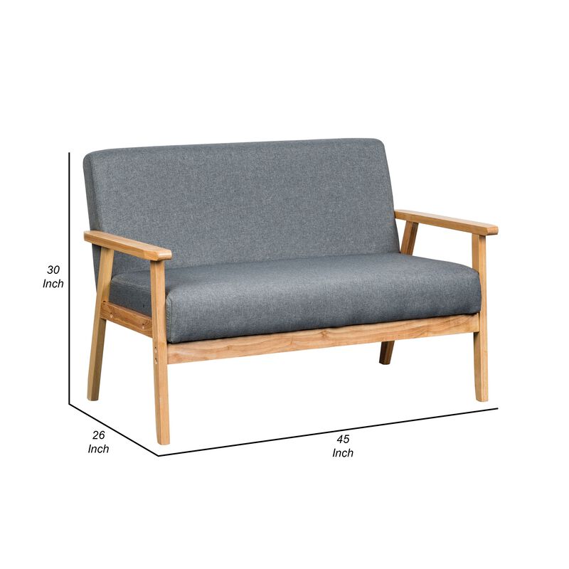 Gala 45 Inch Modern Loveseat Bench, Gray Fabric, Natural Brown Wood Frame-Benzara