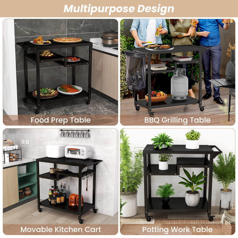 Rolling Grill Cart 3-Shelf BBQ Cart with Hooks and Side Handle-Black