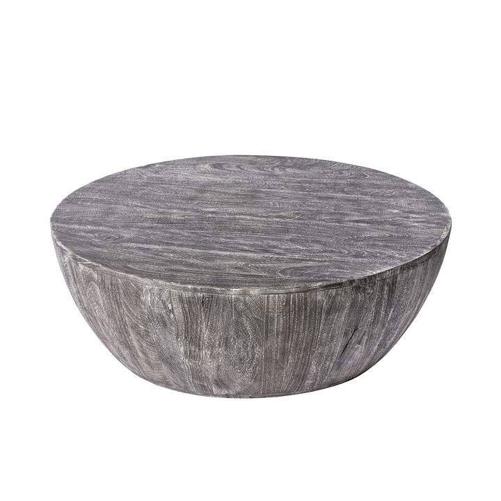 Arthur 36 Inch Farmhouse Style Handcrafted Mango Wood Coffee Table, Round Drum Shape, Sandblasted Black - Benzara