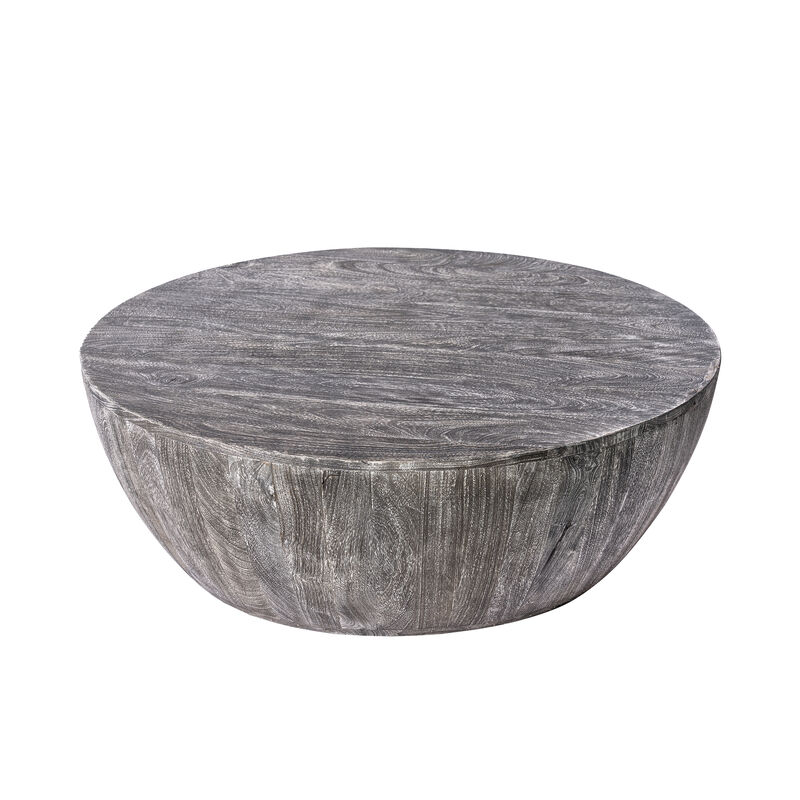 Arthur 36 Inch Farmhouse Style Handcrafted Mango Wood Coffee Table, Round Drum Shape, Sandblasted Black - Benzara