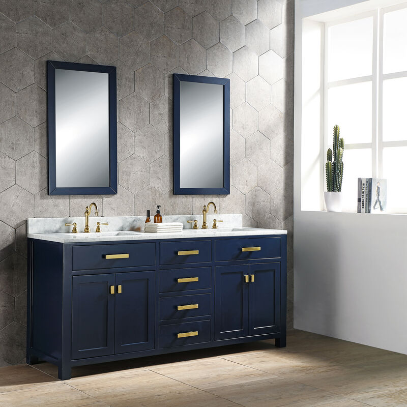 Madison 72 In. Double Sink Carrara White Marble Countertop Bath Vanity In Monarch Blue with Satin Gold Hardware