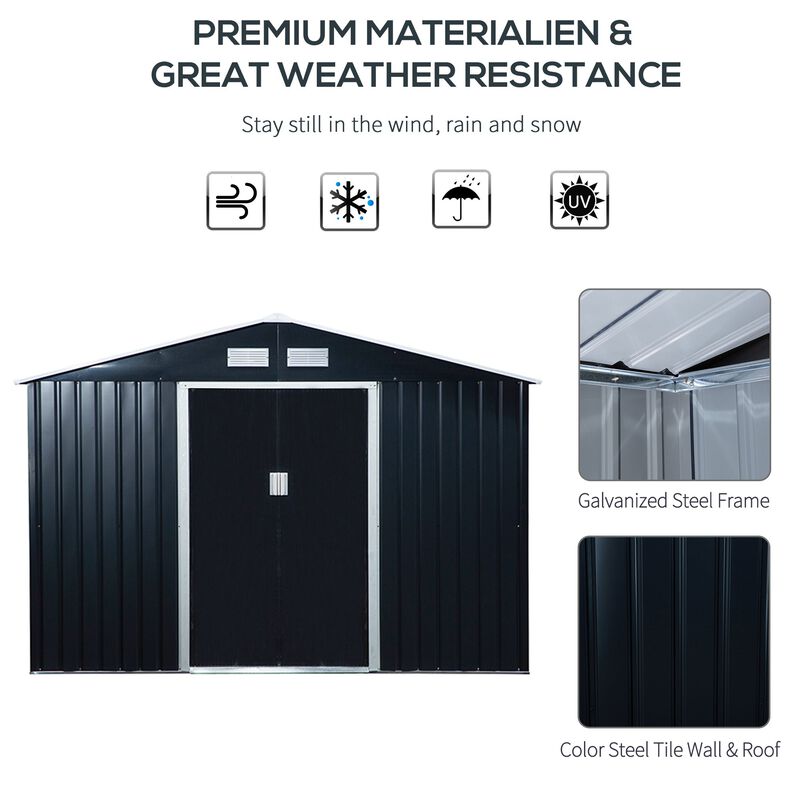 Dark Gray Garden Vault: 9'x6' Metal Storage Shed with Sliding Doors