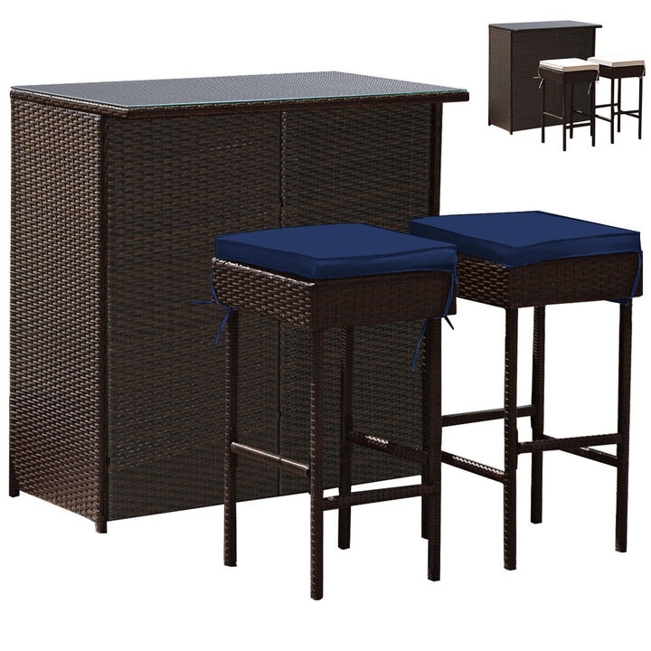 3PCS Patio Rattan Wicker Bar Table Stools Dining Set