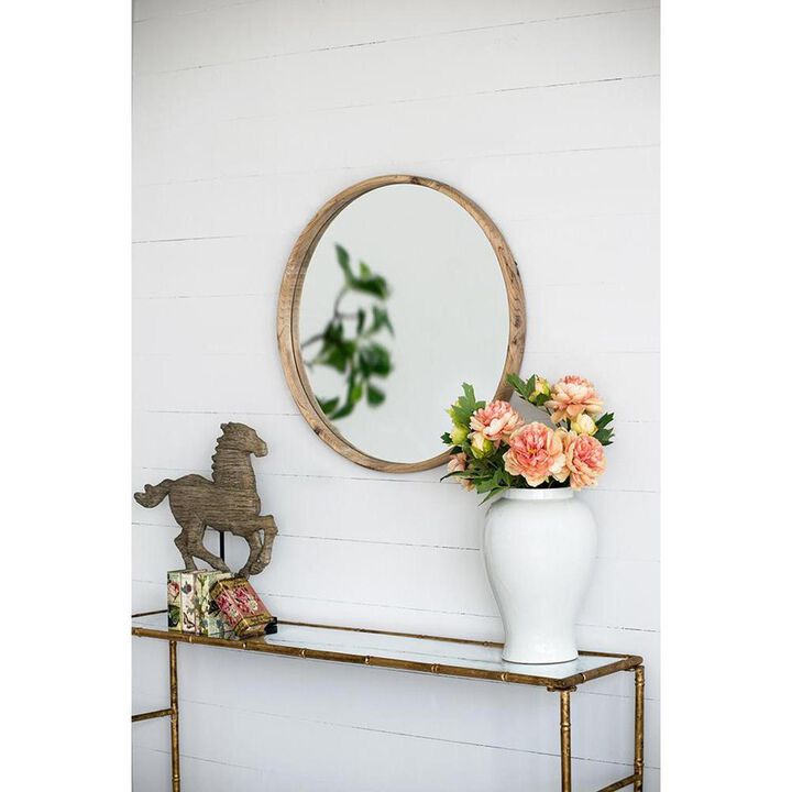 HomeRoots 28 Natural Rustic Brown Wood Frame Round Wall Mounted Accent Mirror