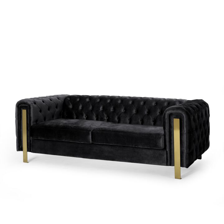 Nua Sofa, Chesterfield Tufted Black Velvet, Modern Gold Legs