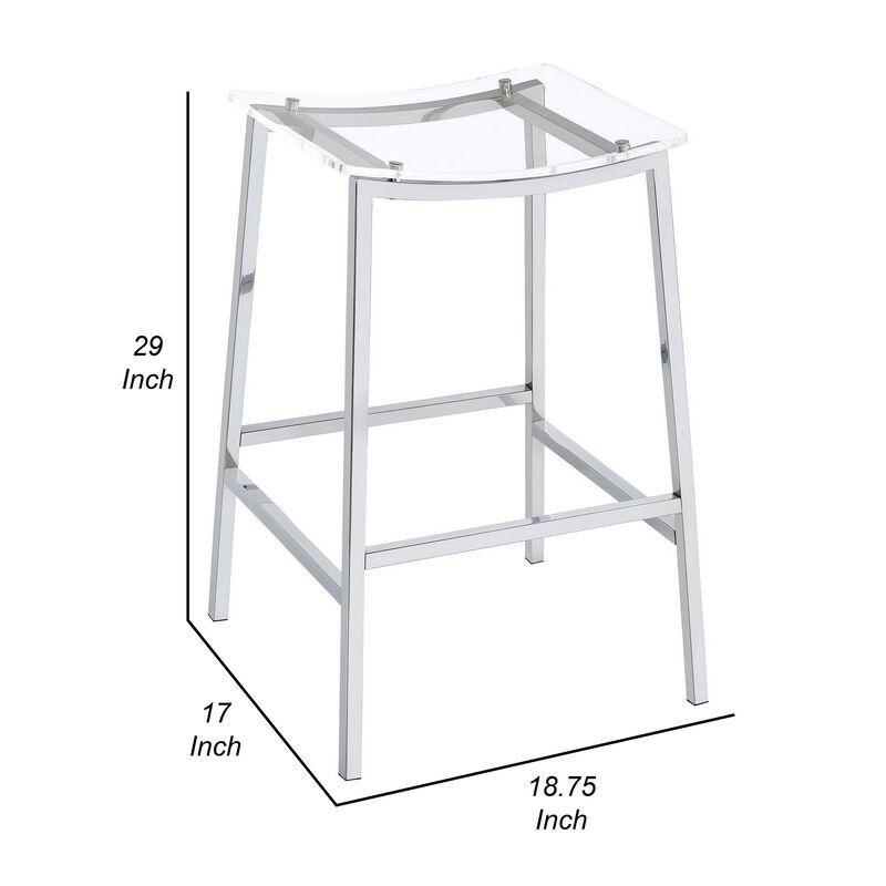 Ani 29 Inch Barstool Set of 2, Acrylic Clear Seat, Footrest, Chrome Metal - Benzara
