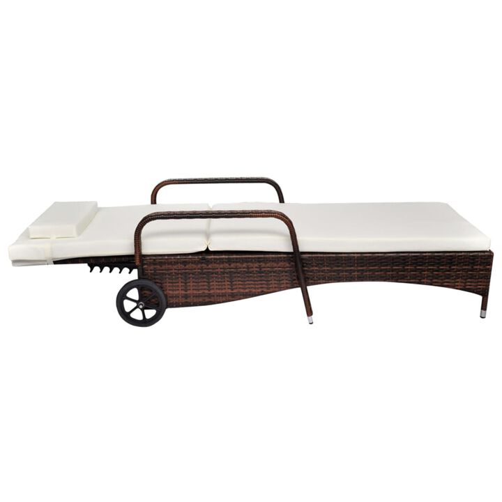 vidaXL Sun Lounger with Cushion & Wheels Poly Rattan Brown (Set of 2)