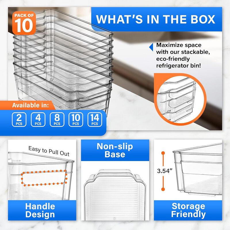 Multi-purpose Refrigerator Bins - 14 pieces Usable and Stackable Design Fridge Bin Organizer with Easy Grip Handles - Clear