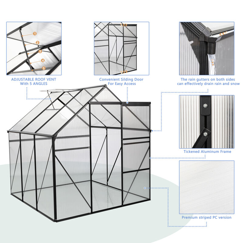 6x6FT Black Polycarbonate Greenhouse with Raised Base and Anchor